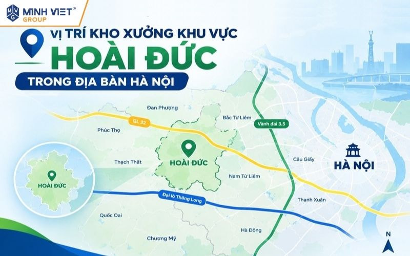 Vị trí kho xưởng khu vực Hoài Đức trong địa bàn Hà Nội